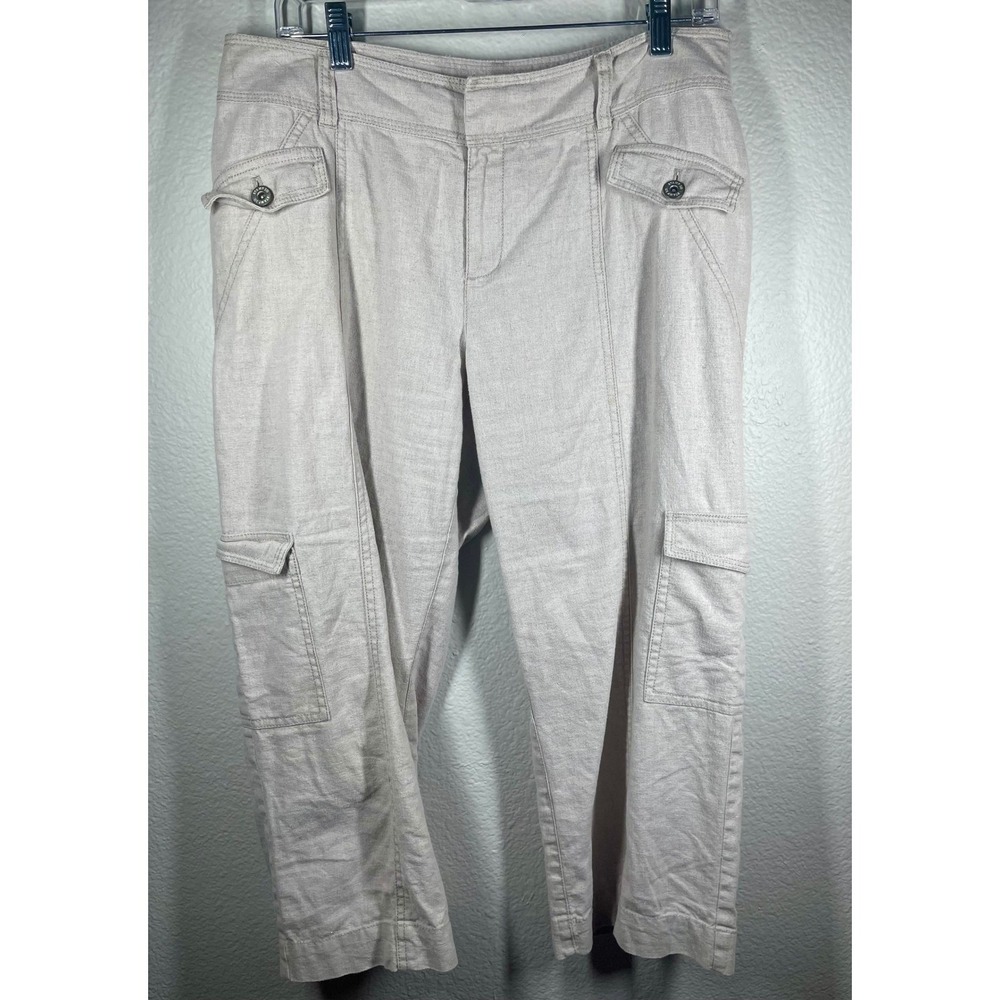 STAMP10 Women's Beige Linen Cotton Blend Cargo Pants Size 10 Cropped Capris